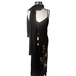 Vintage American Angel Maxi Dress M Black Floral Matching Scarf Spaghetti Strap